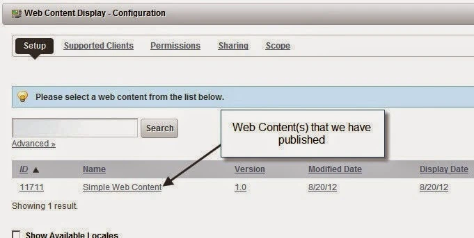 Selecting web content to be displayed in Web Content Display Portlet