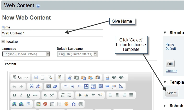 Adding new web content in Liferay